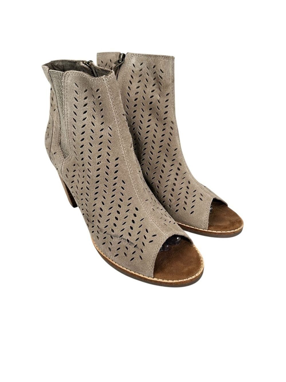 TOMS Majorca Peep Toe Booties Womens 9.5 Beige Cutout Suede Heels